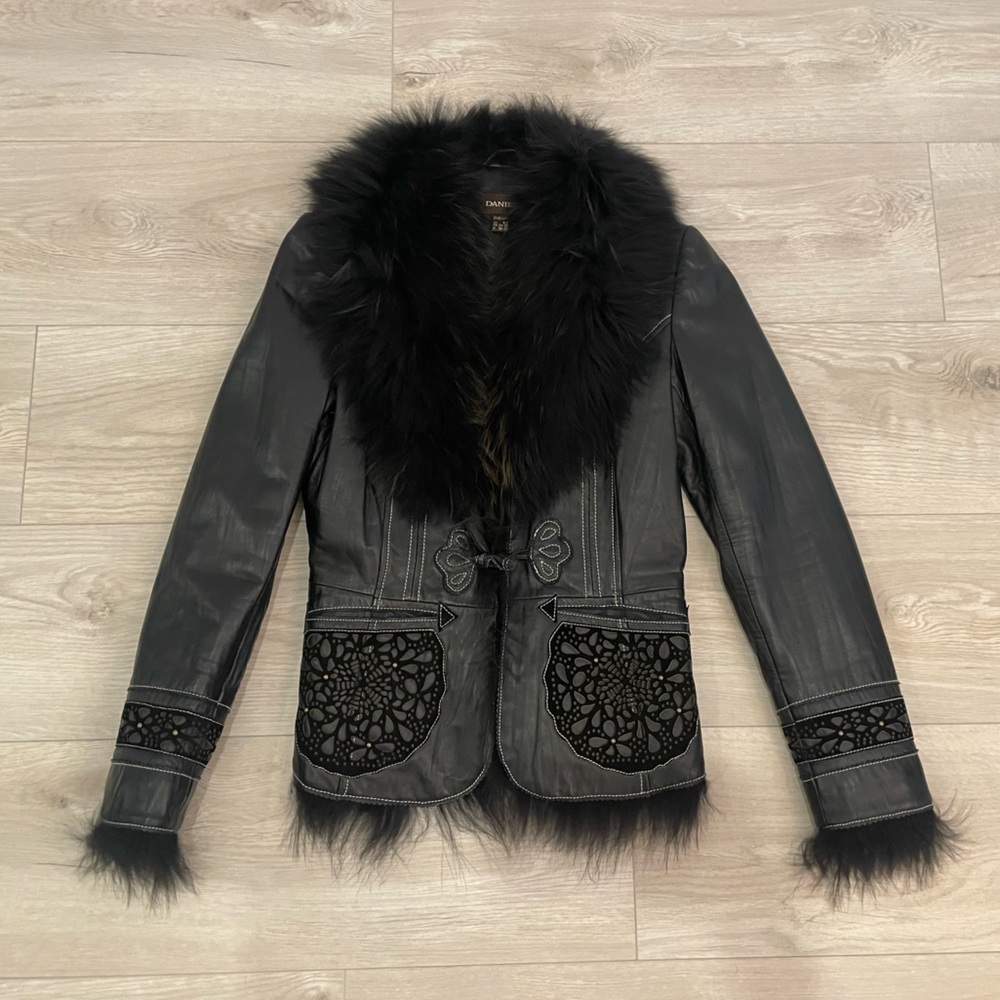 Danier Black Leather Jacket with Fur Trim